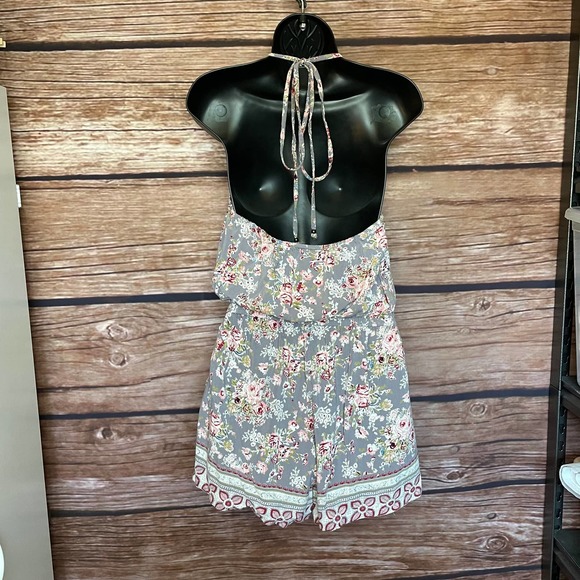 Romper Halter Top S Angie Gray Grey Floral Pockets Shirred Back Light Weight - Picture 4 of 8